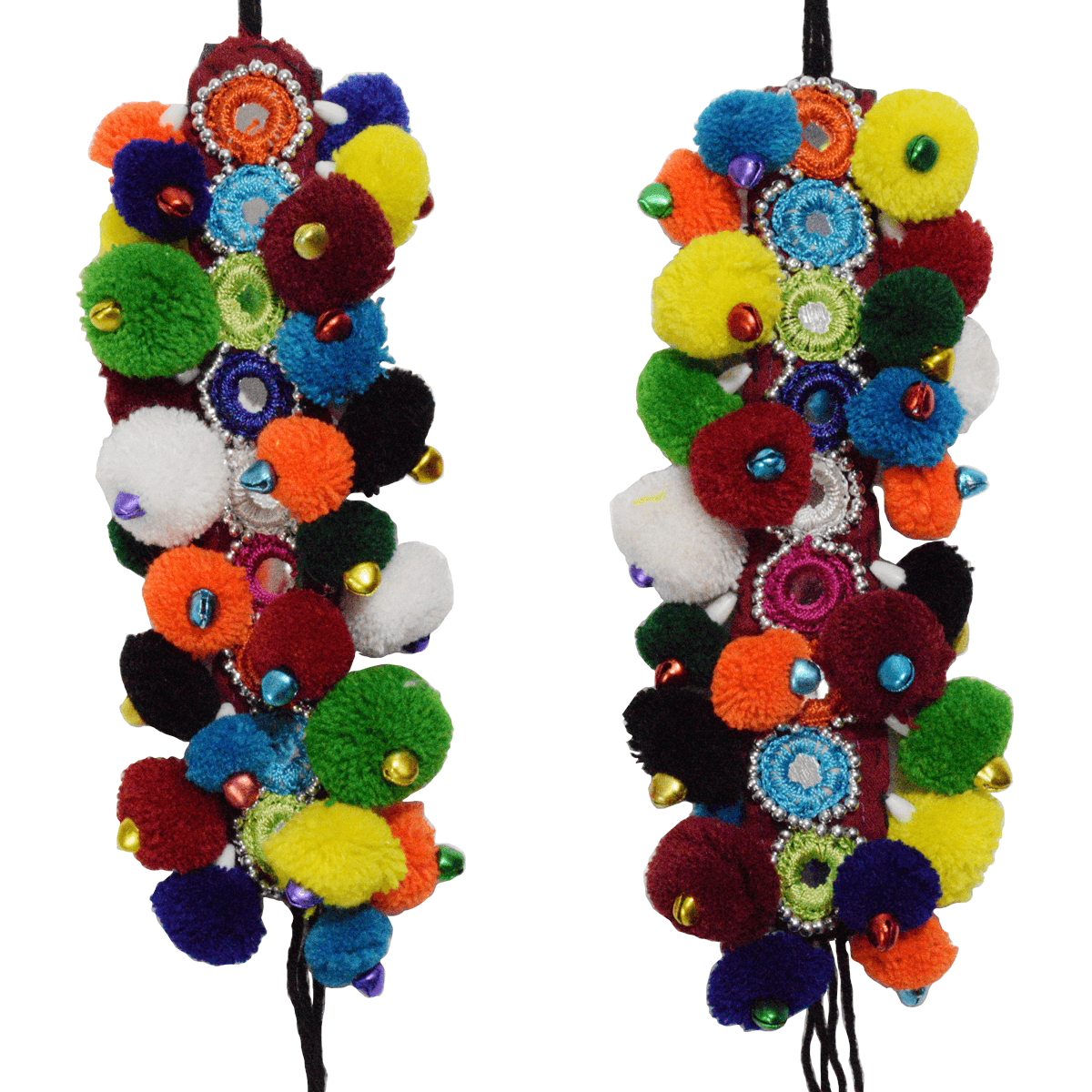 A pair of multicolored flowers hanging from a hook
