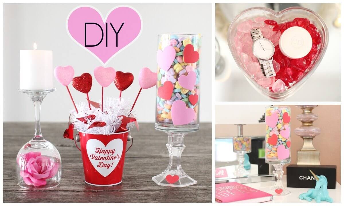 A collage of valentine's day decorations including candles, candlesticks,
