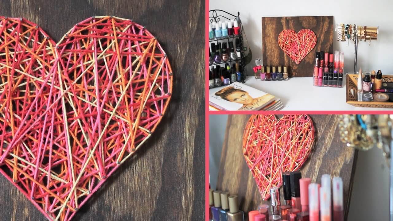 A collage of pictures of a heart made out of yarn
