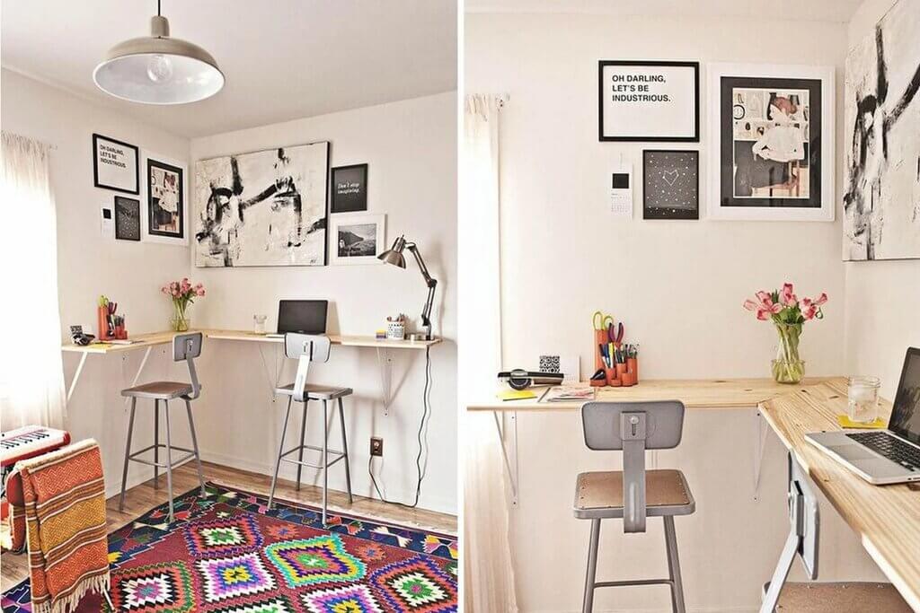 Two pictures of a home office with a desk and chairs

