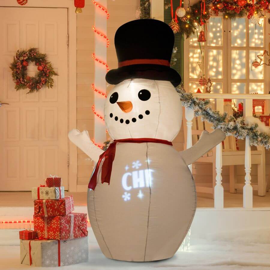 A large inflatable snowman with a top hat and scarf
