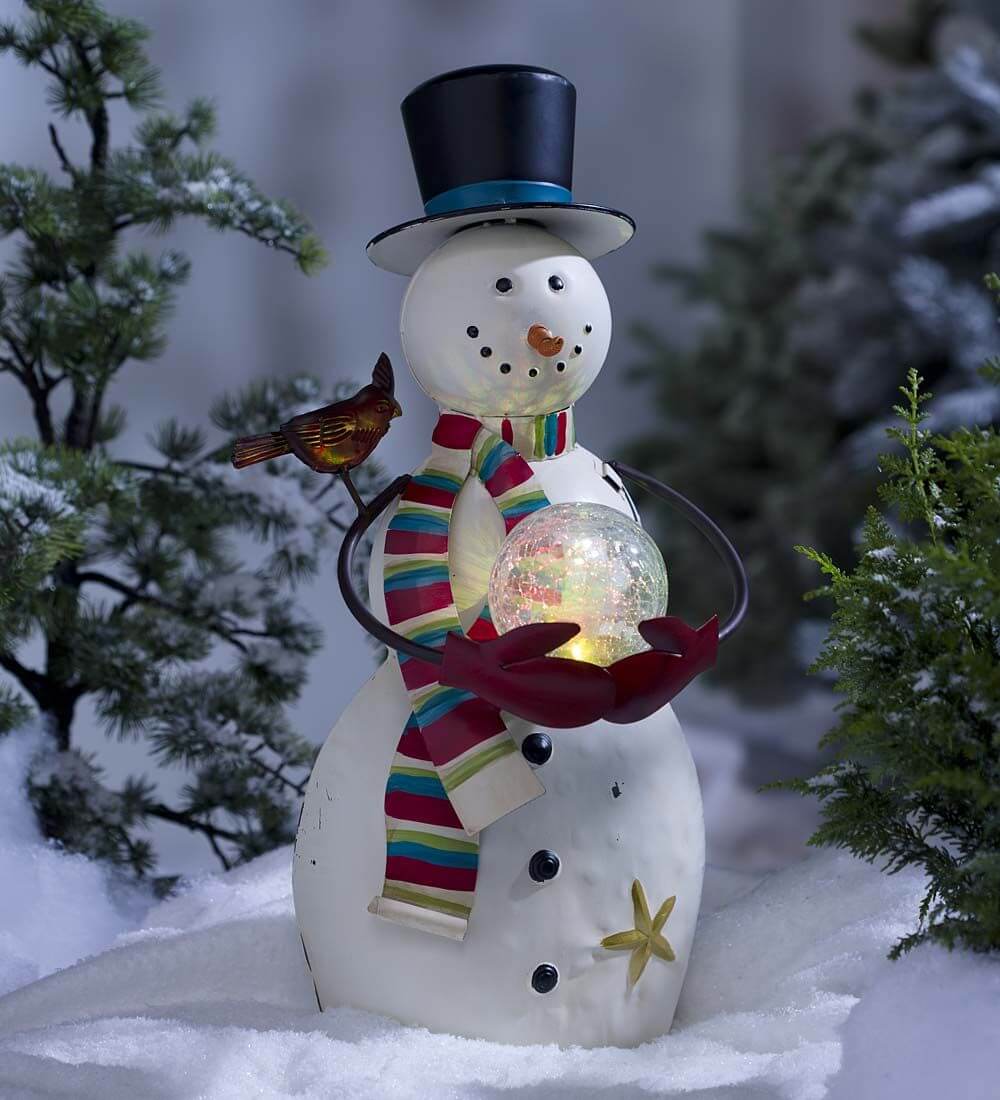 A snowman with a top hat and scarf
