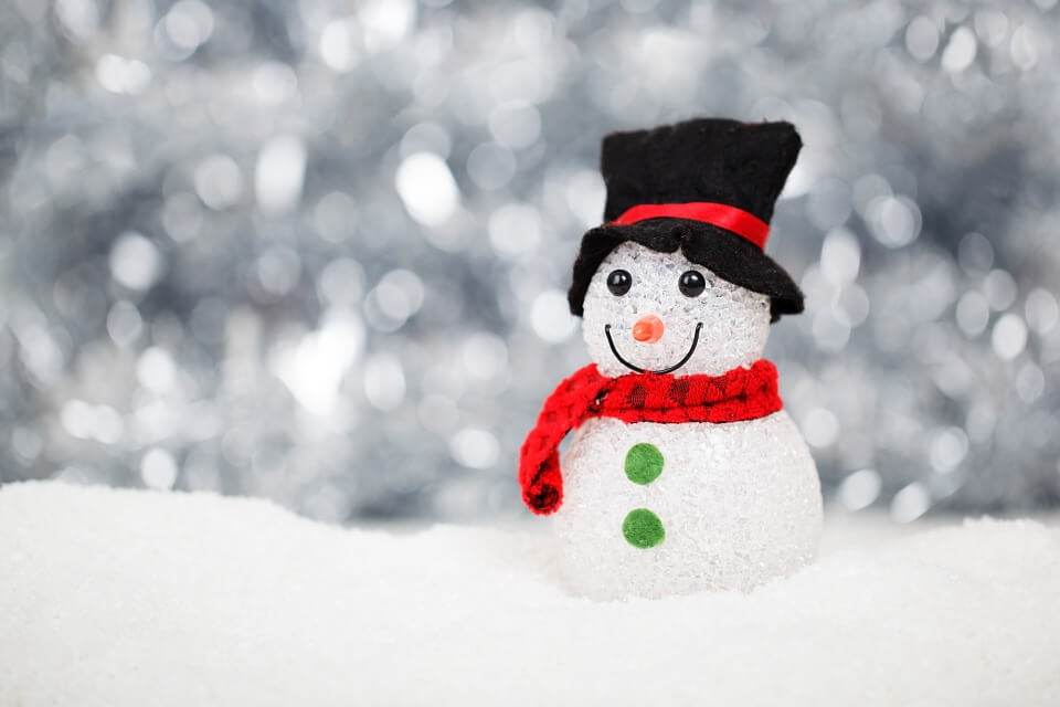 A snowman with a black hat and red scarf
