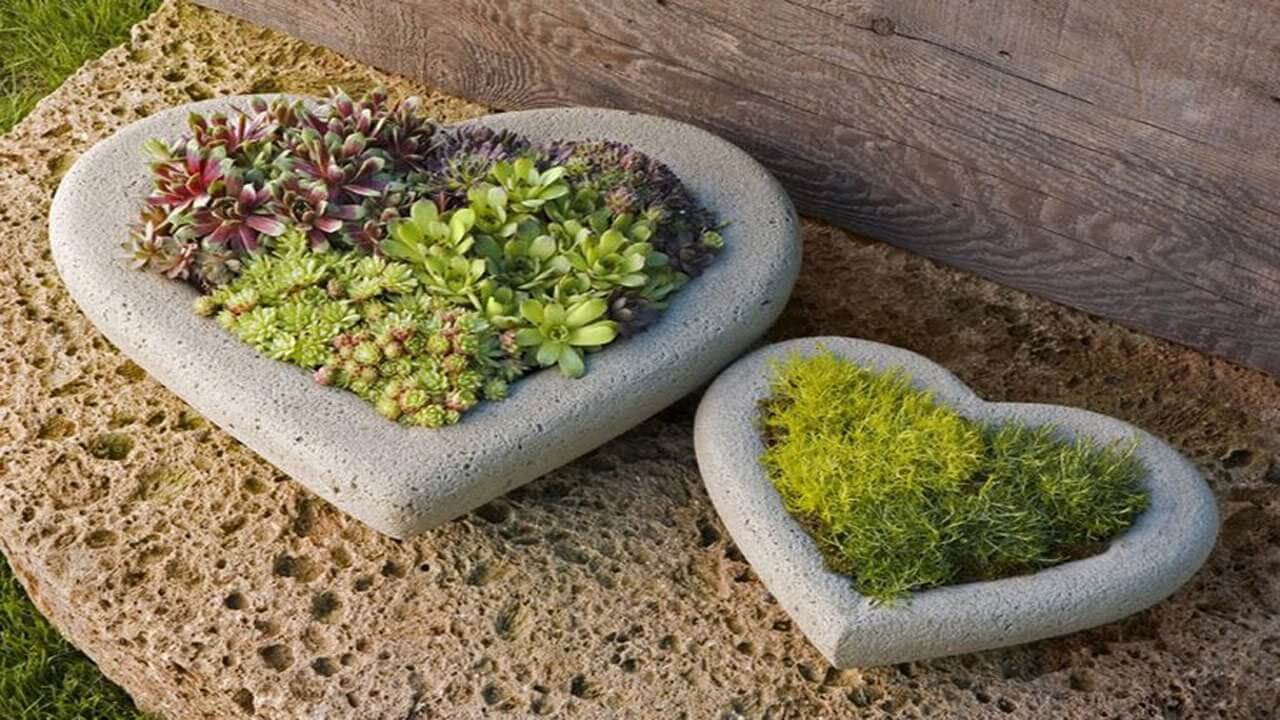A heart shaped planter sitting on top of a rock
