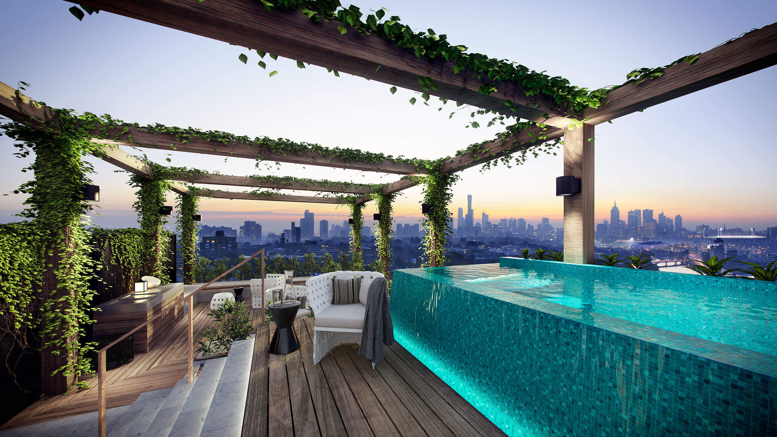 An outdoor swimming pool with a view of the city
