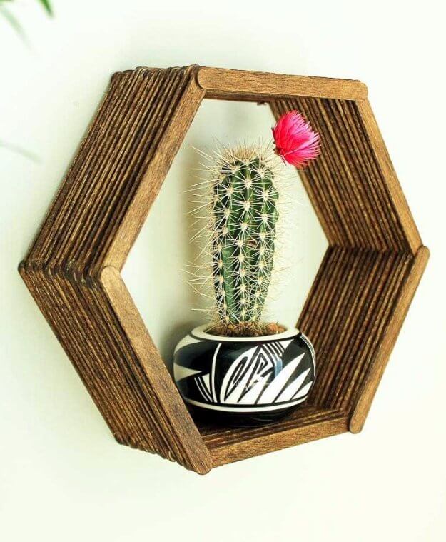 A wooden hexagonal shelf with a cactus in it
