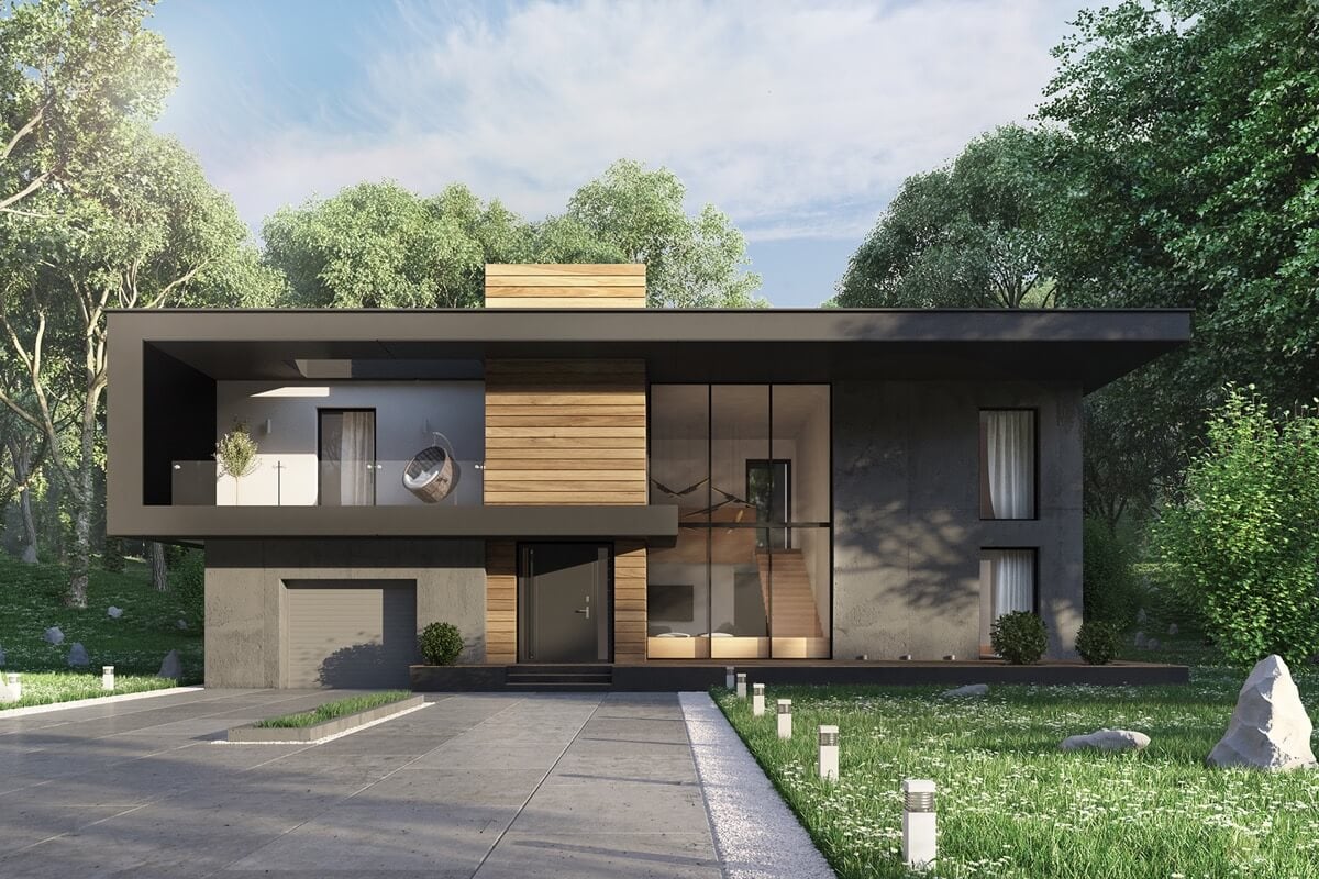 A rendering of a modern house in the woods
