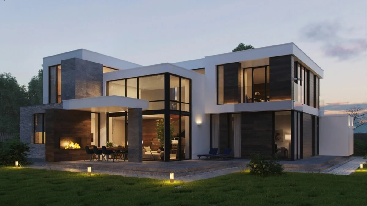 A large modern house with a lot of windows
