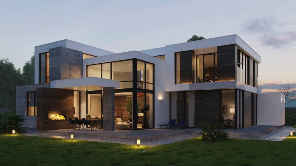 A large modern house with a lot of windows
