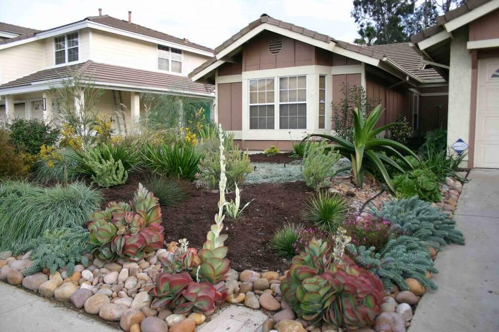 A house with a lot of plants in front of it
