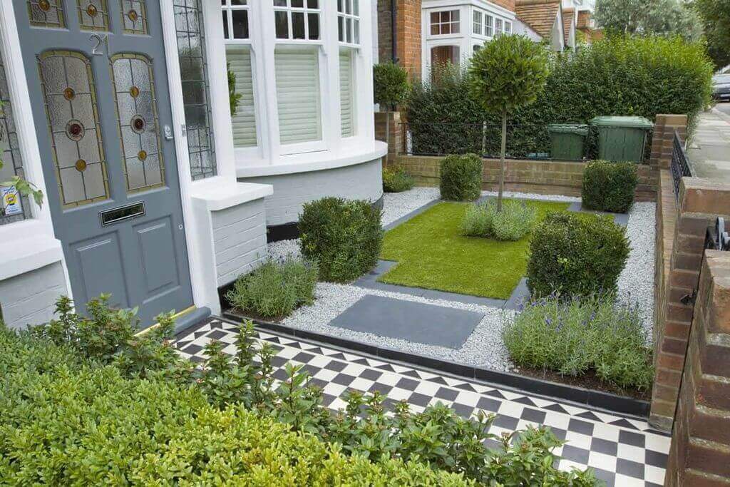 A house with a checkered floor and a small garden
