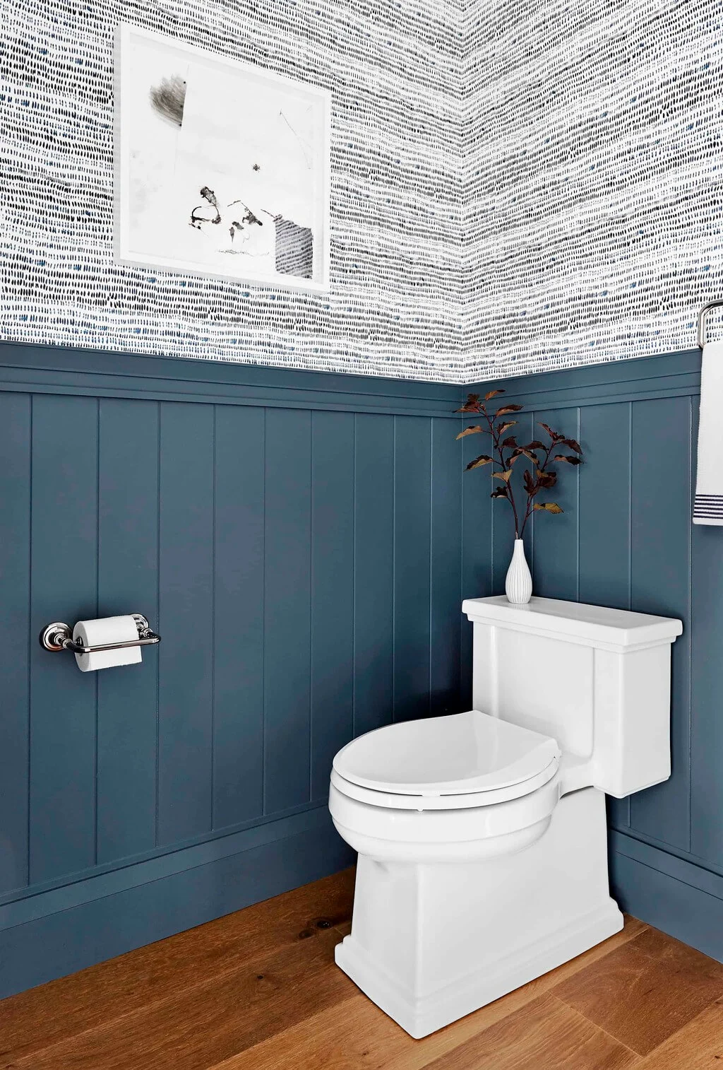 Mix Wallpaper + Wainscoting bathroom decor idea