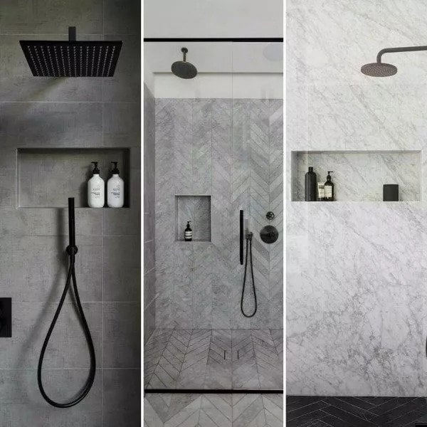 Three different views of a shower head and shower faucet
