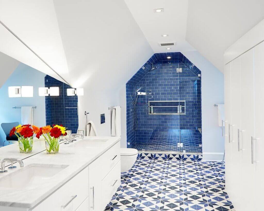 A bathroom with a blue tiled floor and walls
