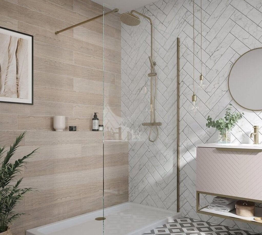 A bathroom with a shower, sink and mirror
 ideas