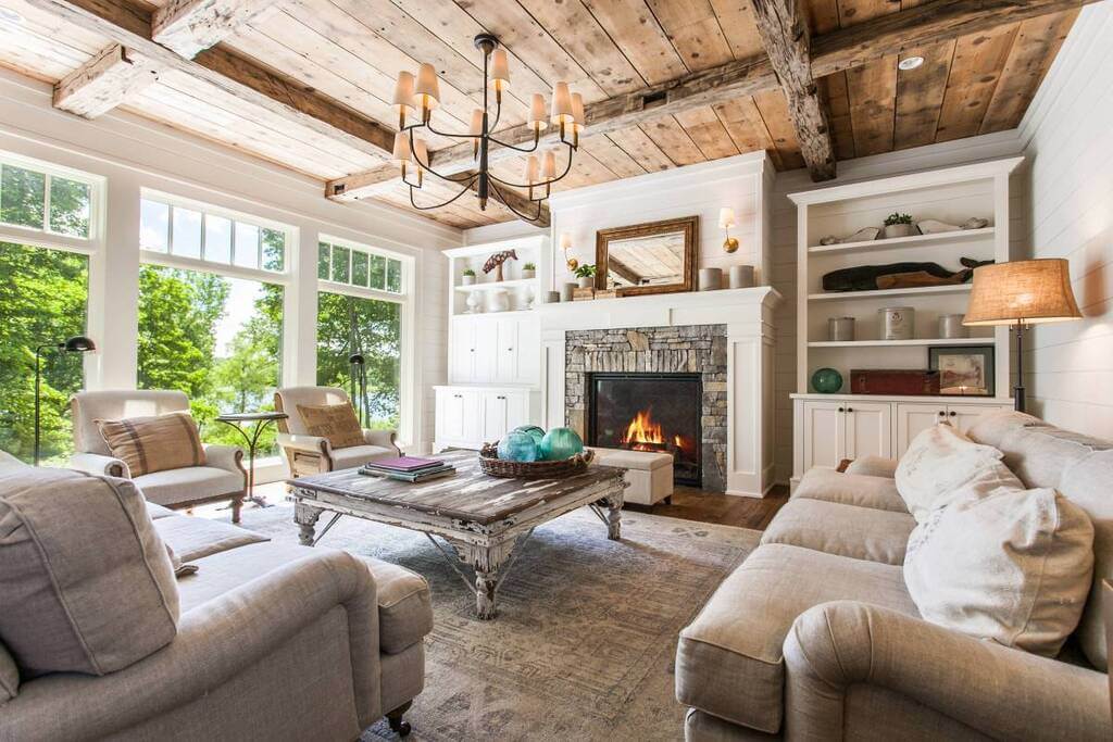 Farmhouse Living Room Design and Decor Idea with wooden ceiling