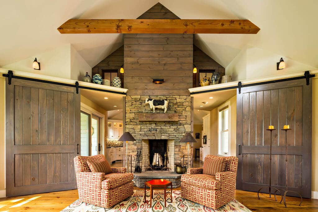 Warm Farmhouse Living Room with Barn Door design