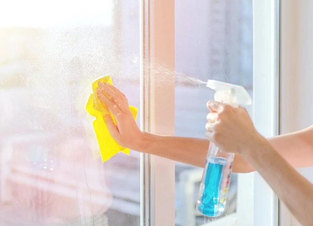 A woman cleaning a window with a sponge.