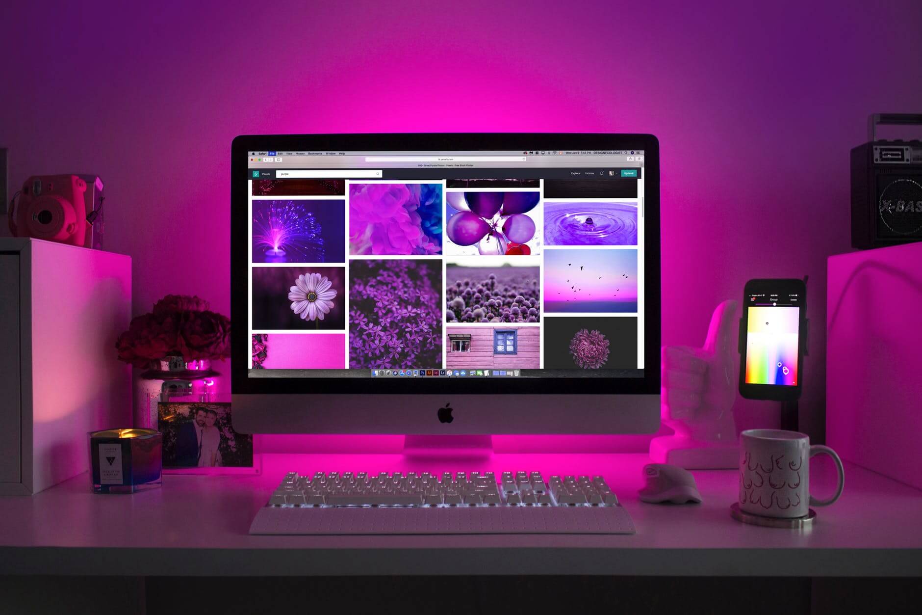 Computer setup with pink light