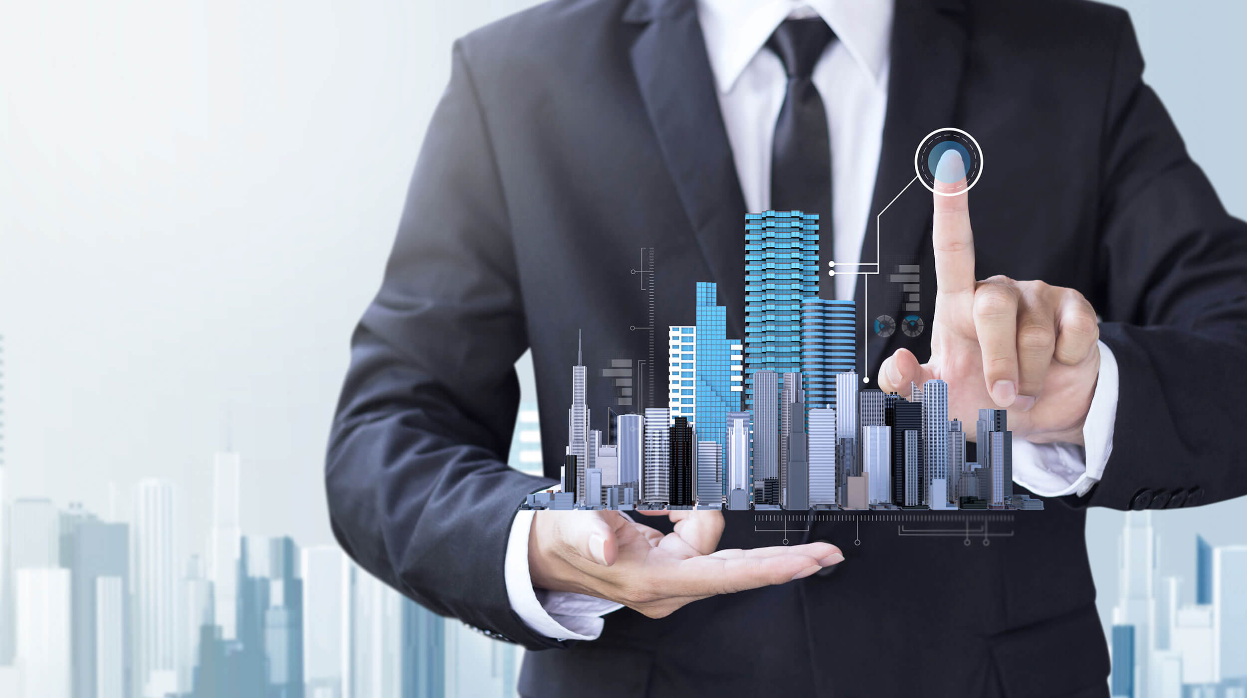 A man in a suit holding a tablet with a city on it
