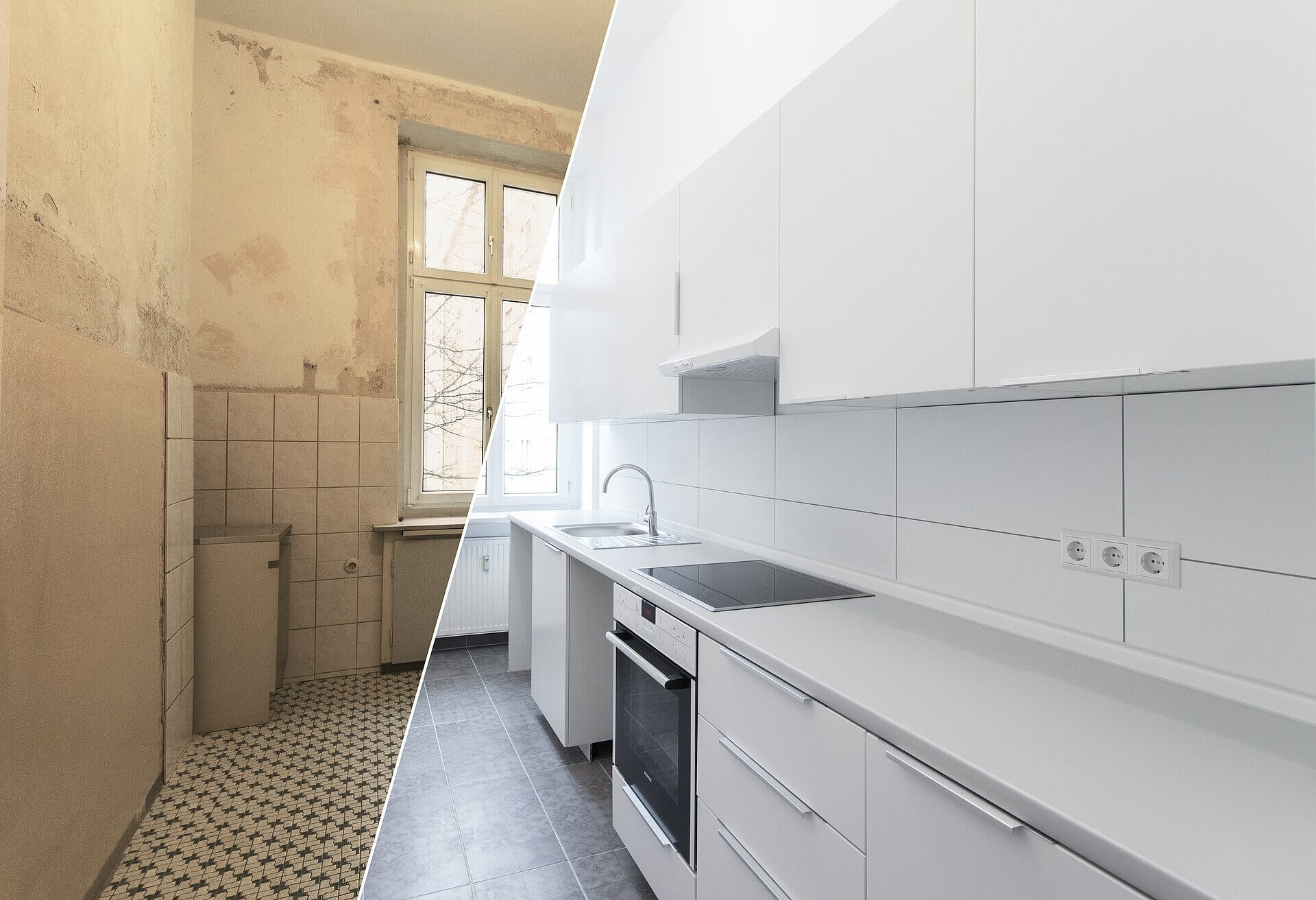 A kitchen with white cabinets and a black and white checkered floor
