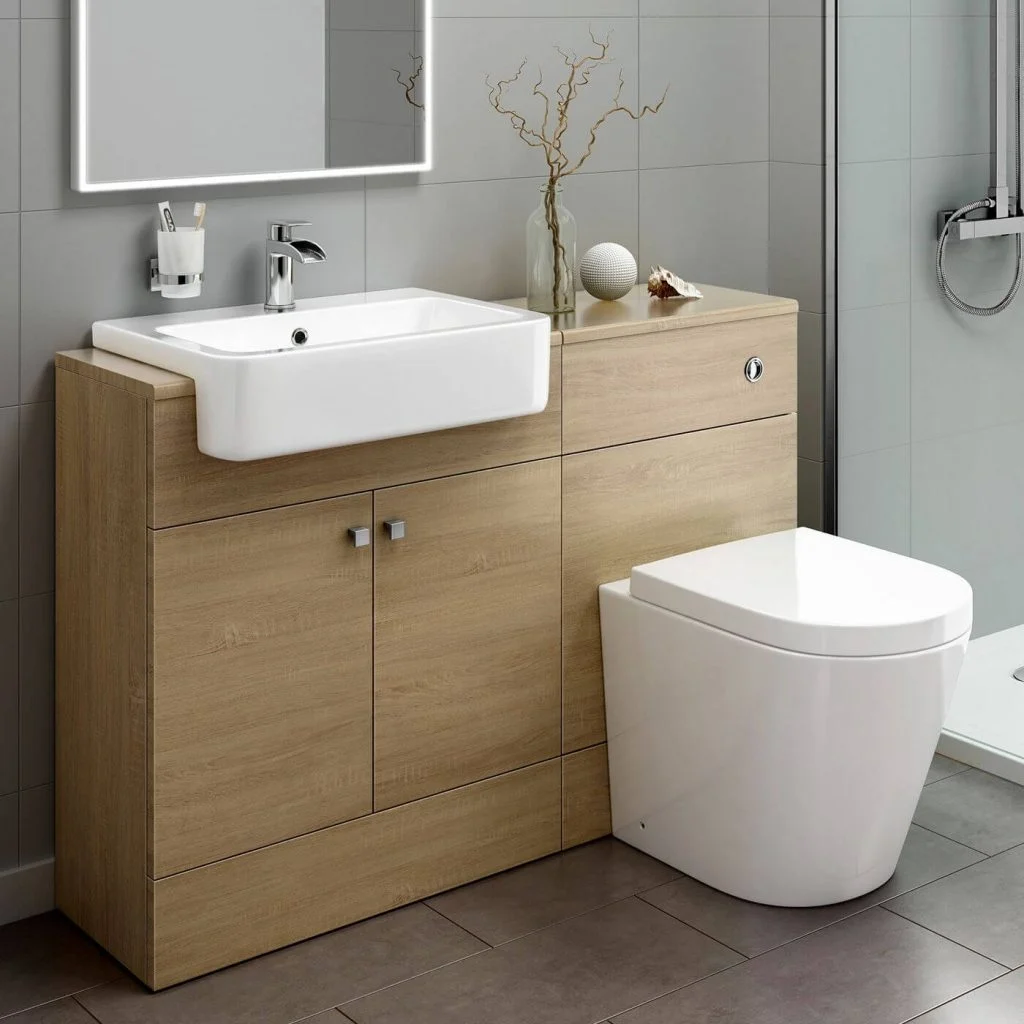 Toilet and a Sink Combo Clad with Light-colored Wood