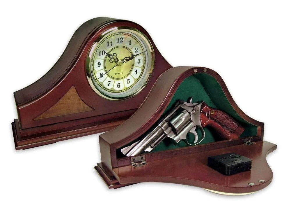 A wooden clock with a gun inside of it
