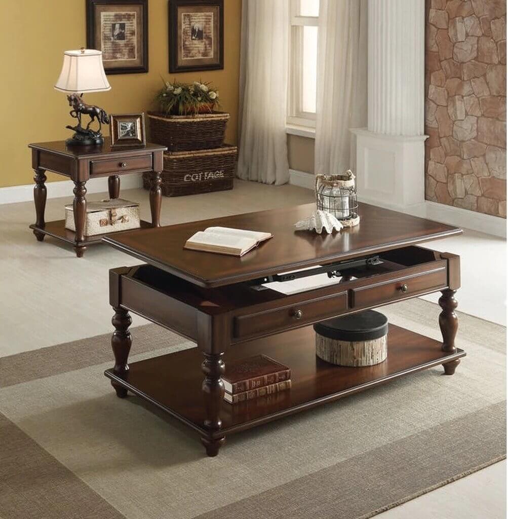 A living room with a coffee table and two end tables
