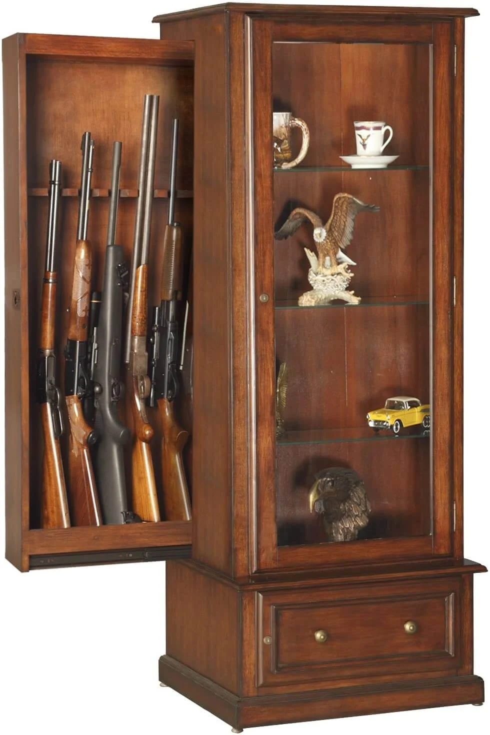 A wooden cabinet filled with guns and other items
