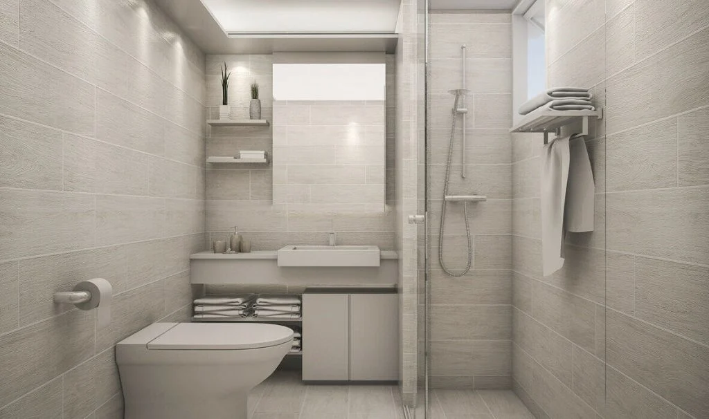 A white toilet sitting next to a walk in shower
