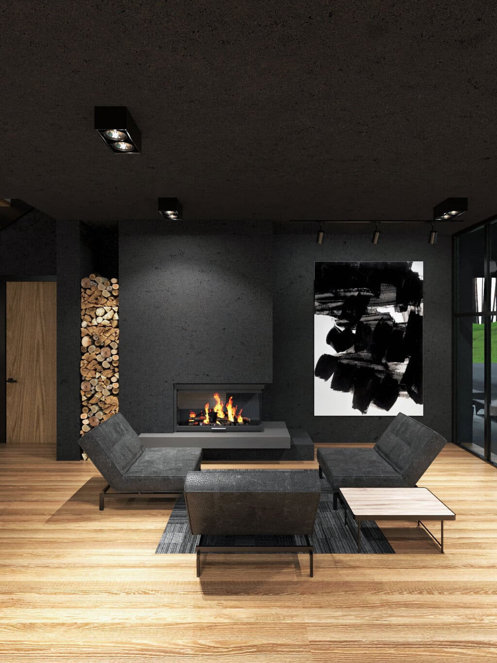 Black villa room interior with fireplace