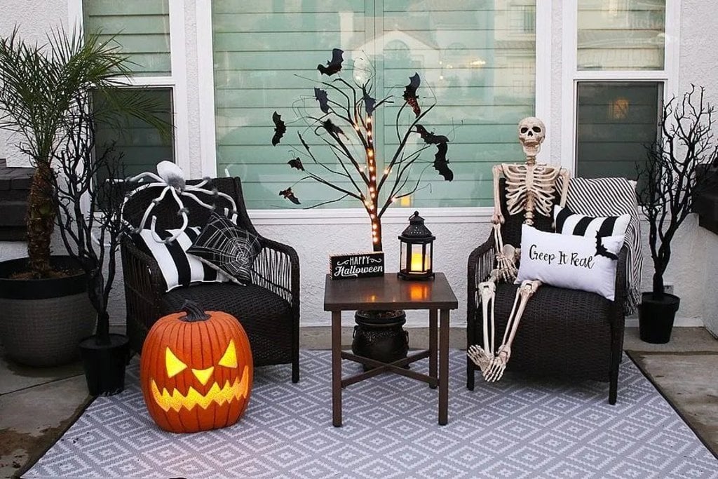 Front Porch Halloween decor with skeleton
