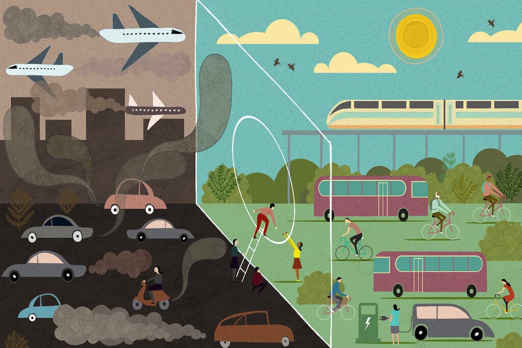 A collage of two images with cars, buses, and people
