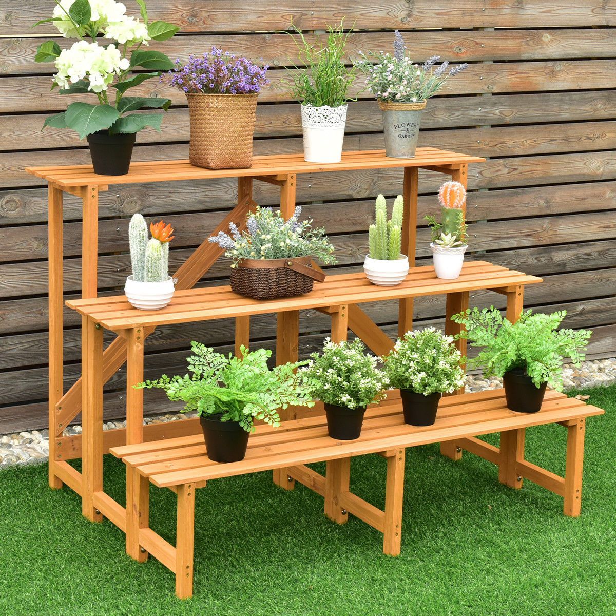 Low Wooden Plant Stand Bench
