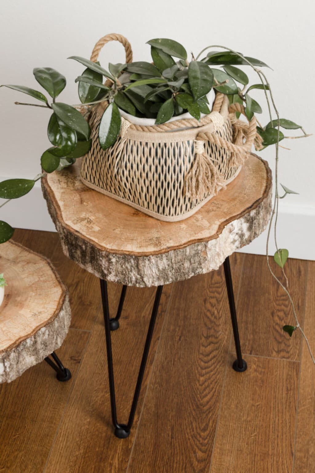 A wooden edge table topped with a basket filled with plants
