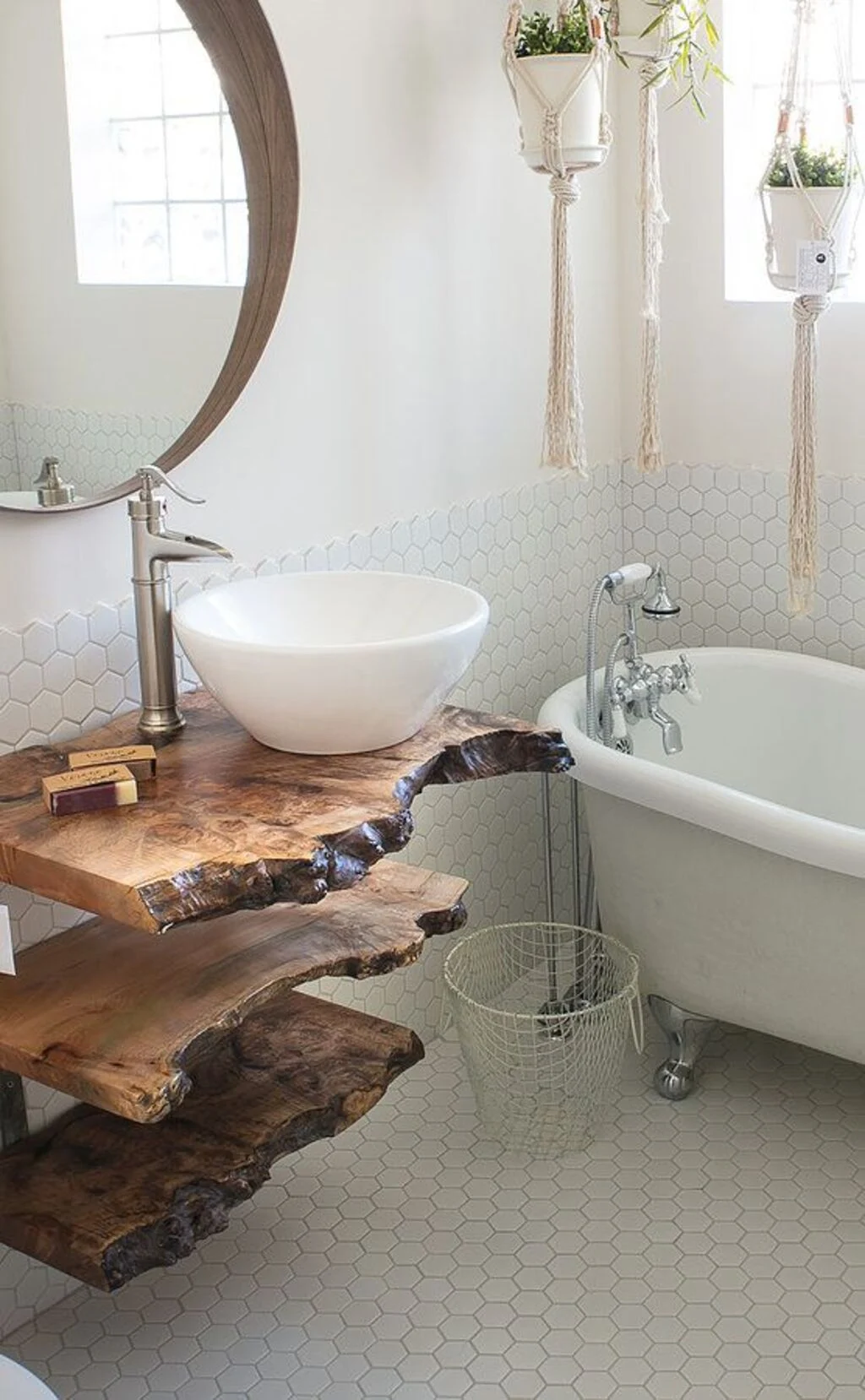 A bathroom with a sink and a bathtub
with live edge table