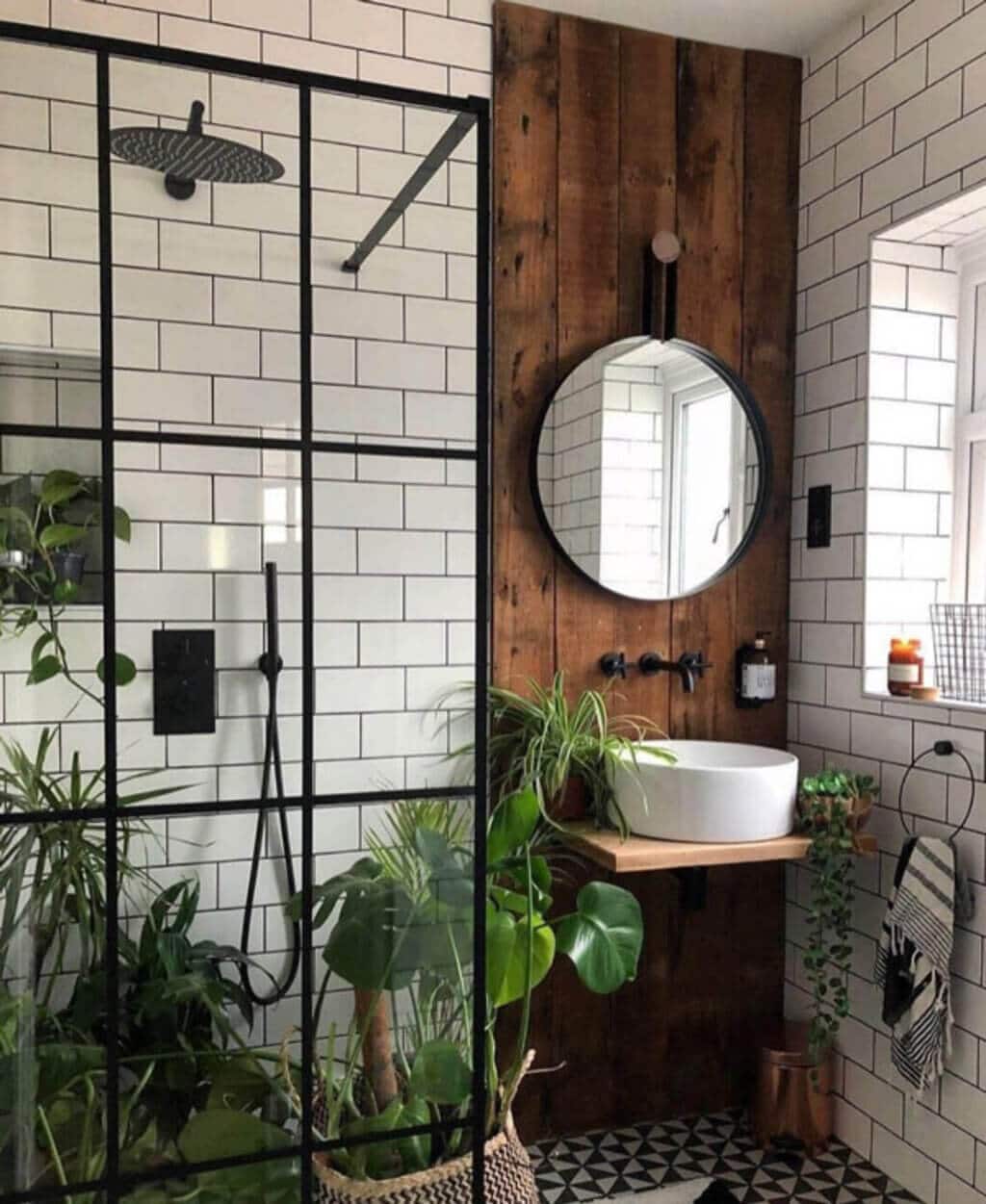 A bathroom with a sink, mirror and plants
