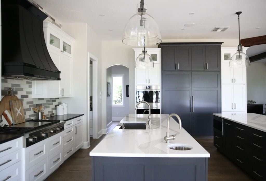 Black Accents with Blue Cabinets For Kitchen