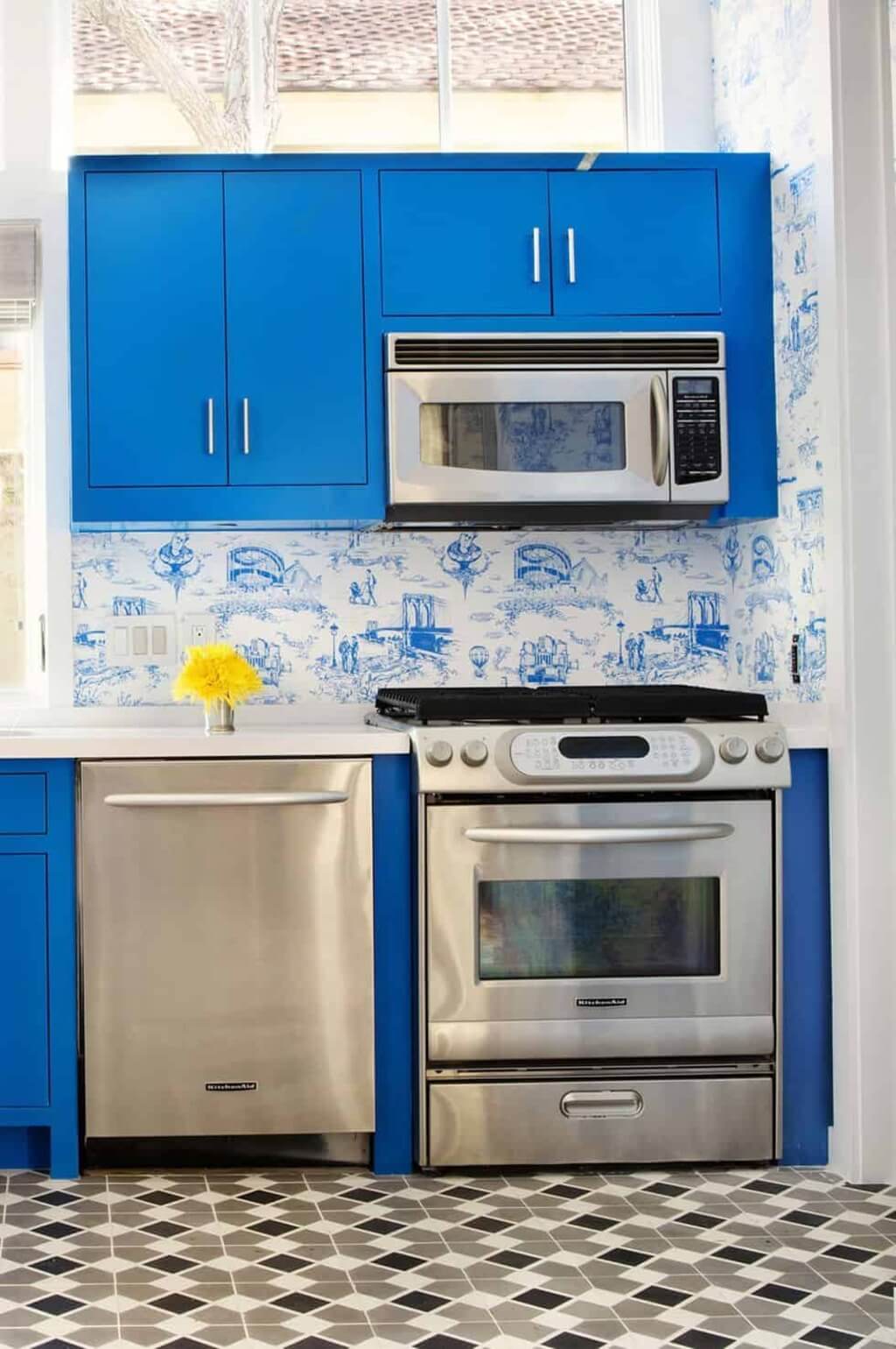 Toile Blue Wallpaper Kitchen
