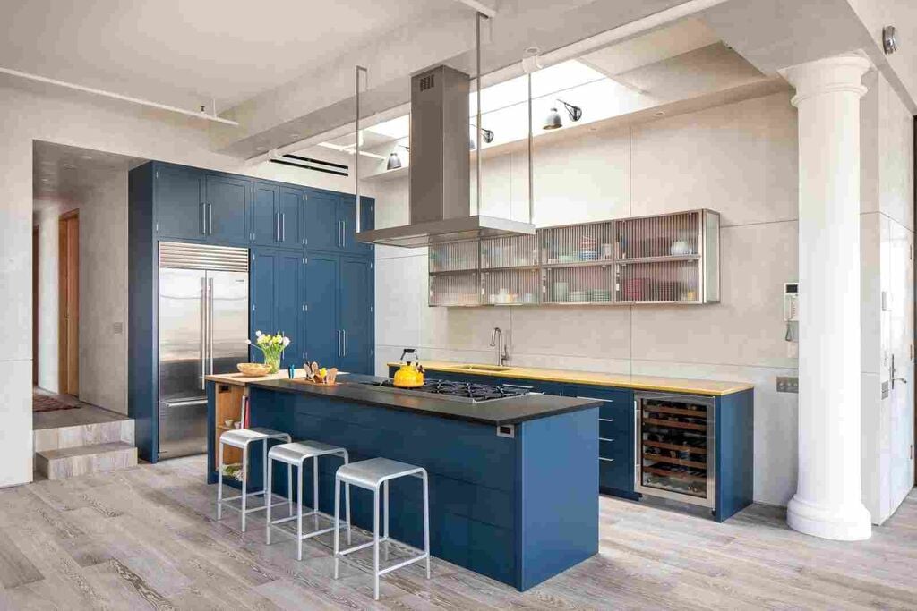 Open Kitchen Design with Blue Cabinetry
