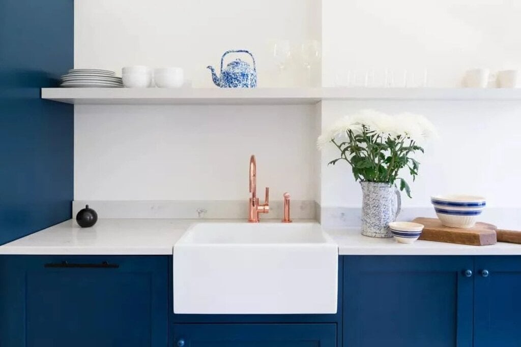 Row House Kitchen Remodel Ideas with Blue Cabinets