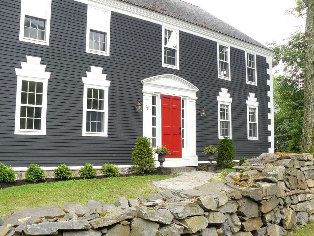 Modern Grey House Exterior color schemes with a Red Door