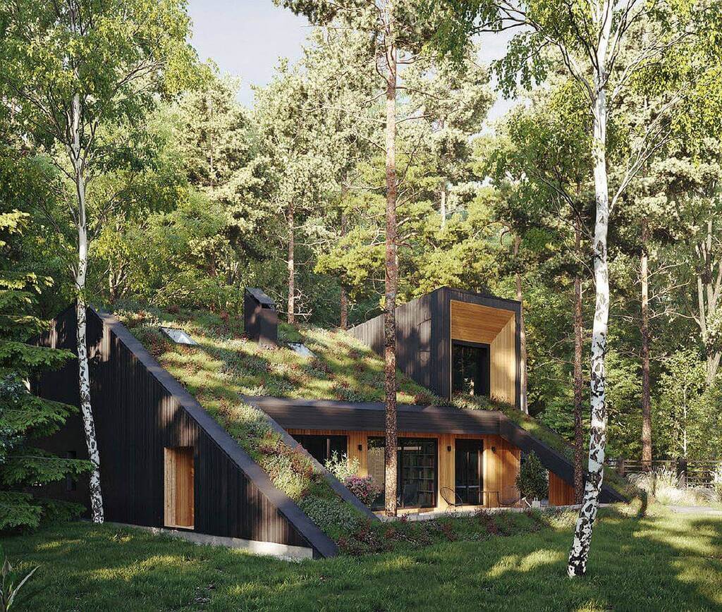 Uma casa com telhado verde cercada por árvores 