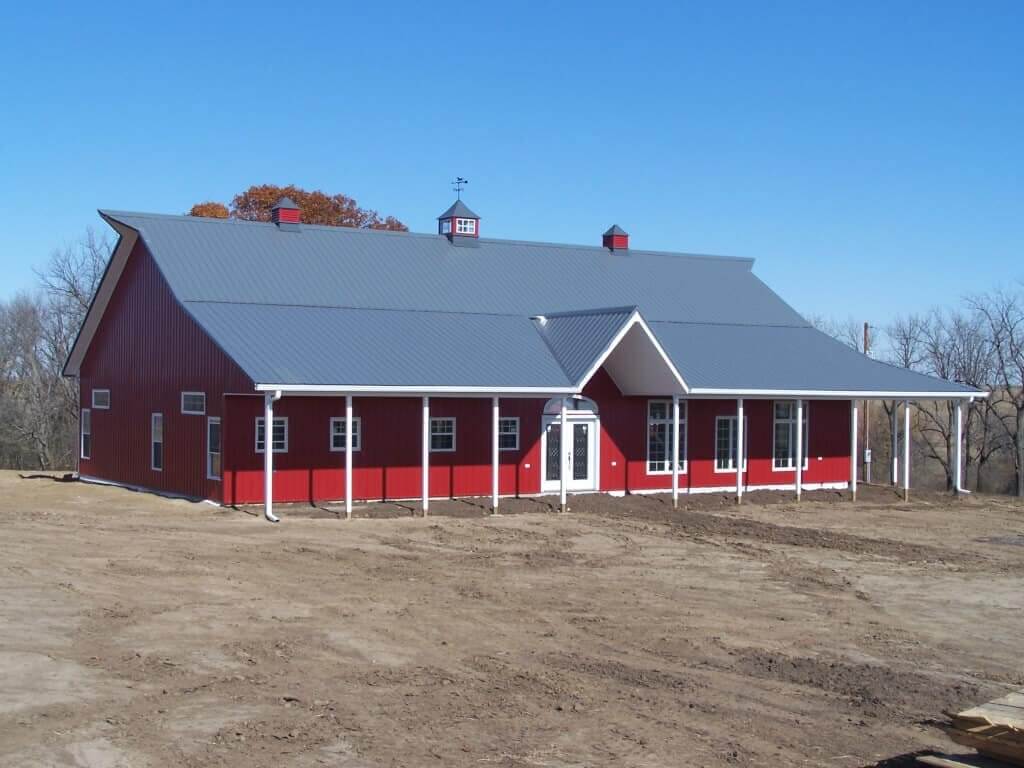 A red barn with a gray roof