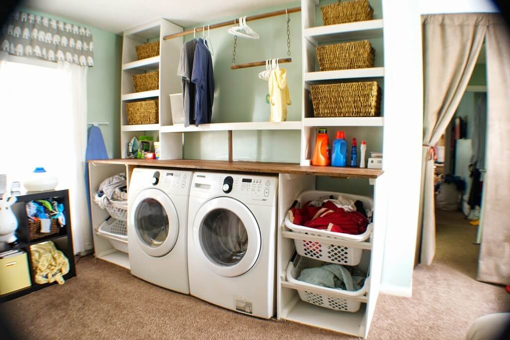 Use a Free-Standing Shelving System in laundry room space