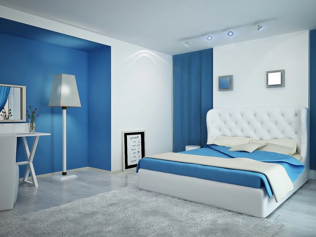 White and Blue bedroom wall colour combination