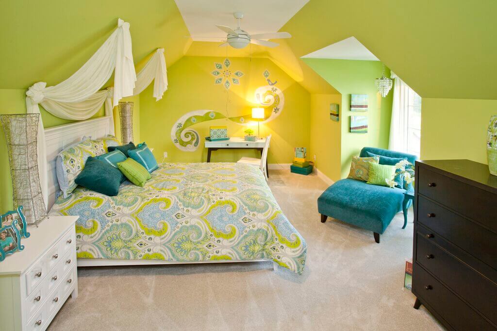 Mustard and Green bedroom wall colour combination