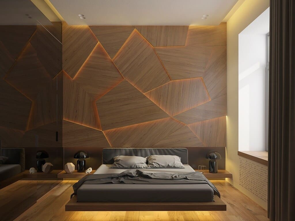 A bedroom with a bed and a wooden wall
