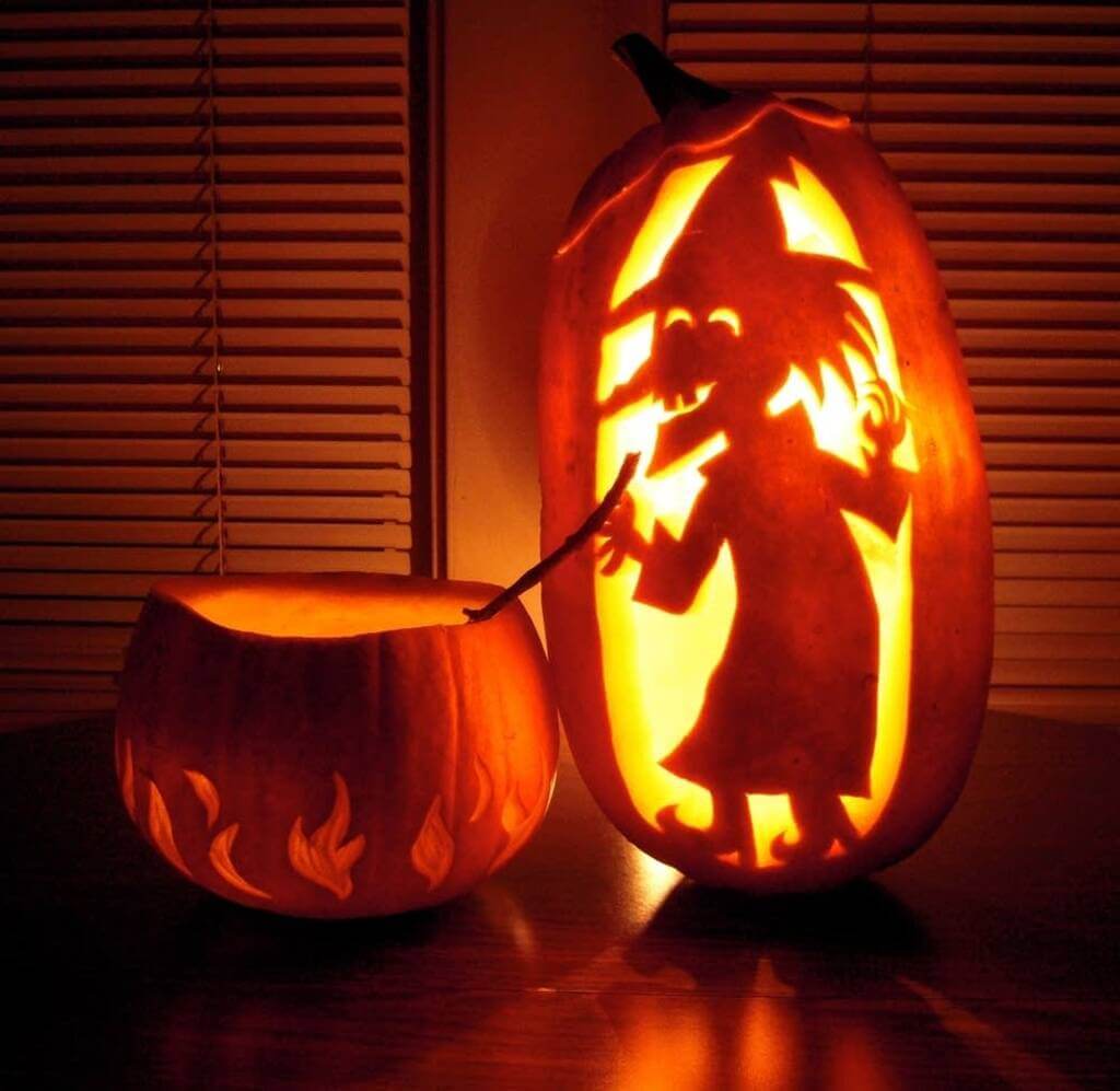 A pumpkin carved to look like a witch
