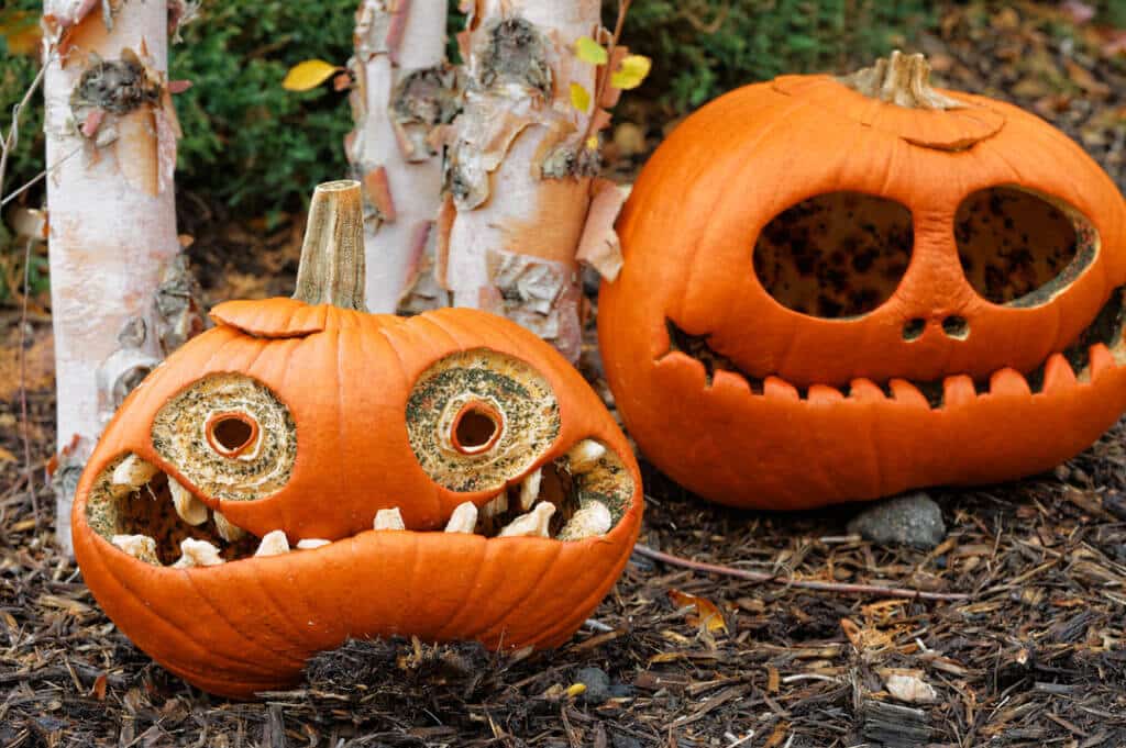 Two carved pumpkins sitting next to each other
